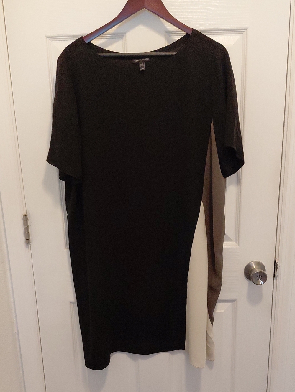 Eileen Fisher Black Midi Dress with Tan and Cream Side Panels